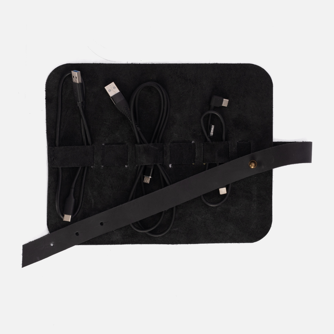 Leather Cable & Pen Roll - Black