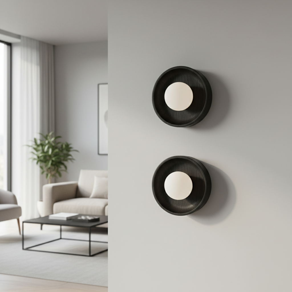 Two black wall-mounted circular lights in a modern living room.