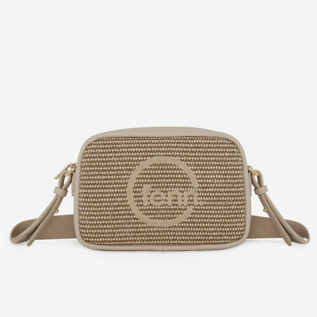 Weave Crossbody Bag - Warm Brown & Off White - Gold Zip