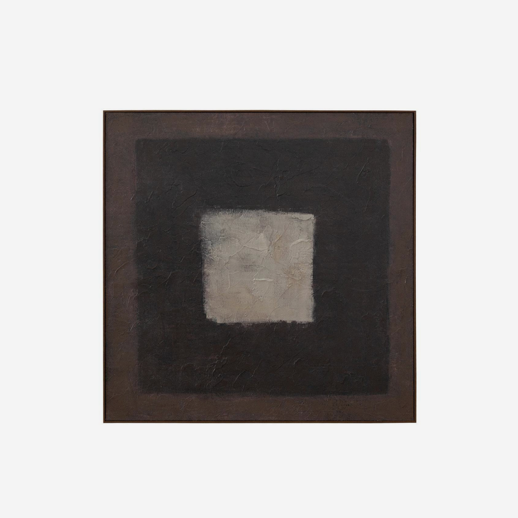 An abstract square painting featuring a textured off-white square centered within a dark brown and black concentric square composition, set against a plain light gray background.