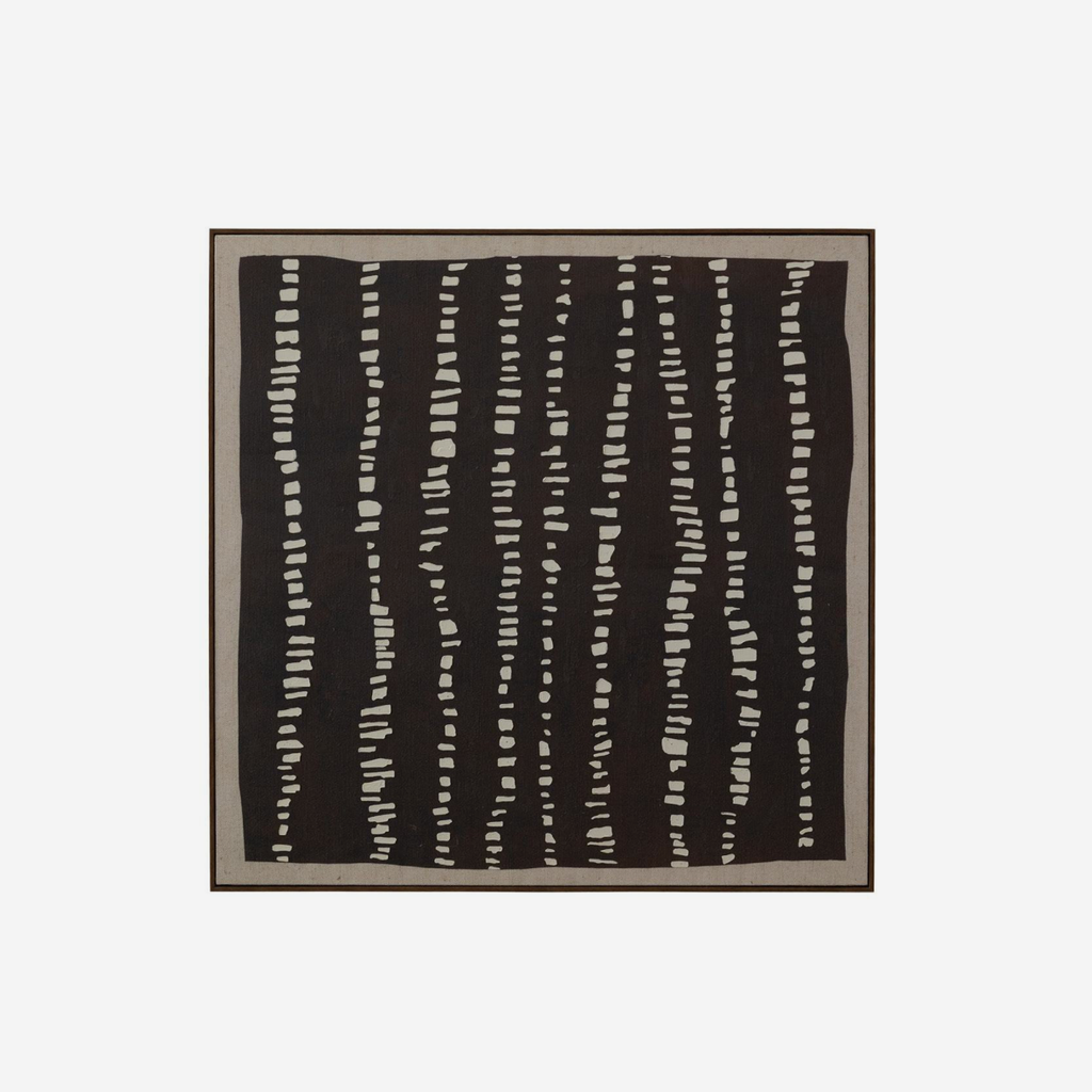 A square abstract art print featuring vertical white textured lines on a dark charcoal background, framed by a thin brown border and a light gray outer margin.
