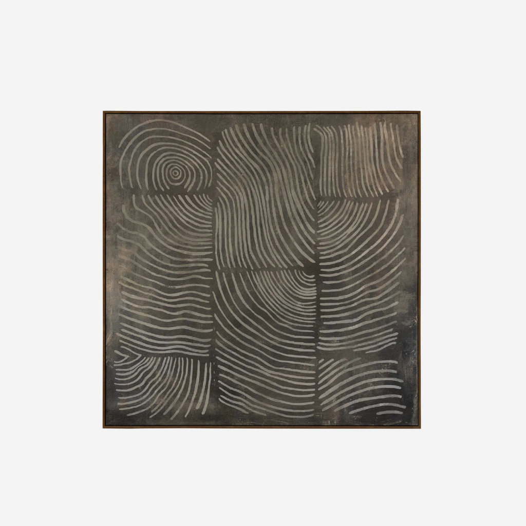 An abstract square artwork with layered white curved line patterns on a dark charcoal background, framed in a thin dark border against a light gray backdrop.