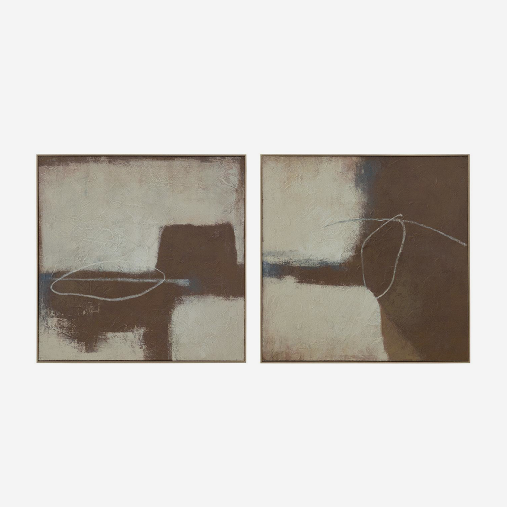 A pair of framed abstract wall art panels in earthy brown, beige, and off-white tones, shown side by side against a light gray background.