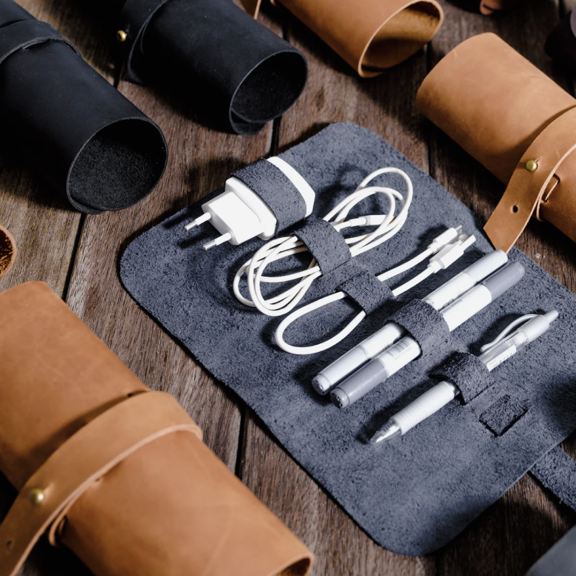 Leather Cable & Pen Roll - Black