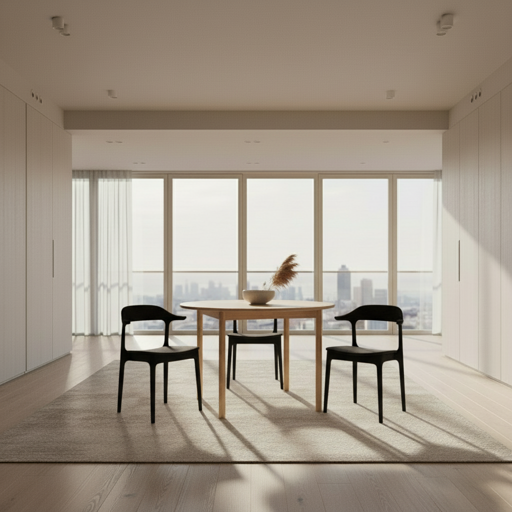 Modern dining area with a table and chairs in a room with large windows.