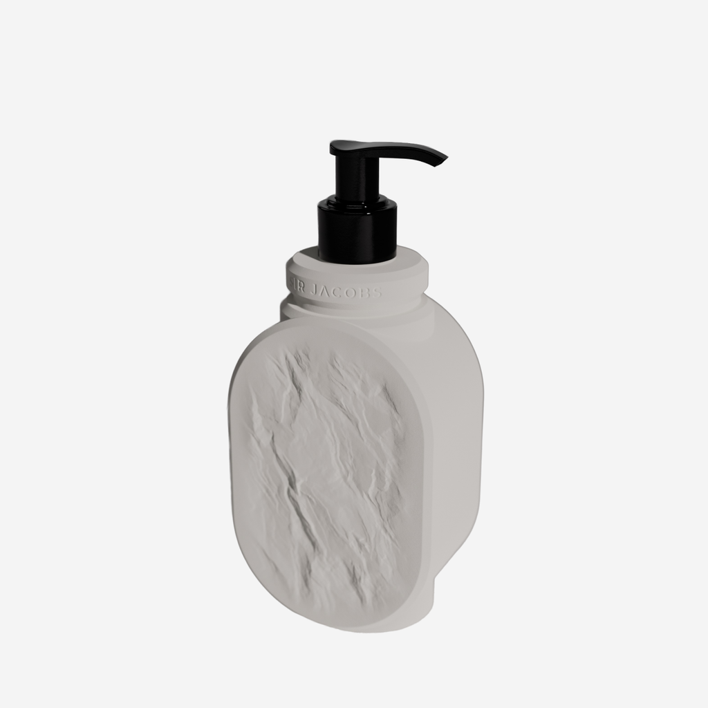 White soap dispenser with black pump on a white background